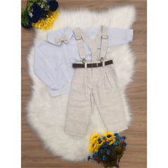 Conjunto Infantil Suspensório Cinto Gravata e Calça Branco e Bege