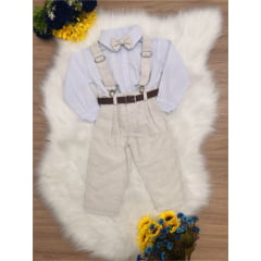 Conjunto Infantil Suspensório Cinto Gravata e Calça Branco e Bege