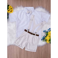 Conjunto Infantil Suspensório Gravata e Short Branco e Bege