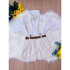 Conjunto Infantil Suspensório Gravata e Short Branco e Bege