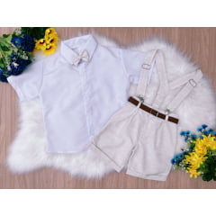 Conjunto Infantil Suspensório Gravata e Short Branco e Bege
