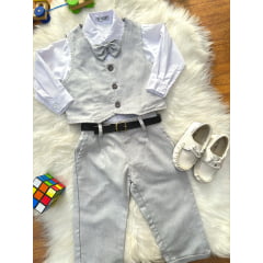 Conjunto Social Bebê Calça Colete Cinza Claro e Camisa Branca
