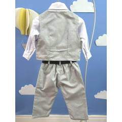 Conjunto Social Bebê Calça Colete Cinza Claro e Camisa Branca