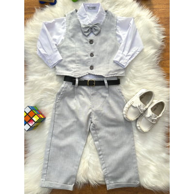 Conjunto Social Bebê Calça Colete Cinza Claro e Camisa Branca
