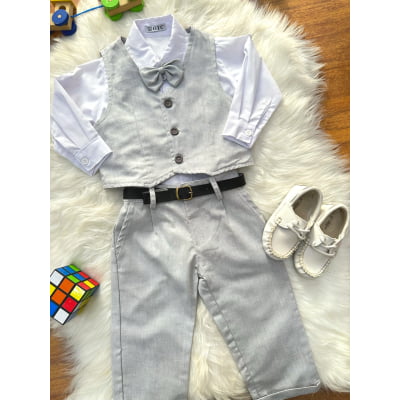 Conjunto Social Bebê Calça Colete Cinza Claro e Camisa Branca