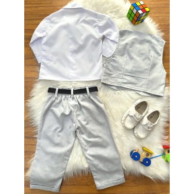 Conjunto Social Bebê Calça Colete Cinza Claro e Camisa Branca