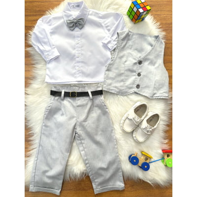 Conjunto Social Bebê Calça Colete Cinza Claro e Camisa Branca
