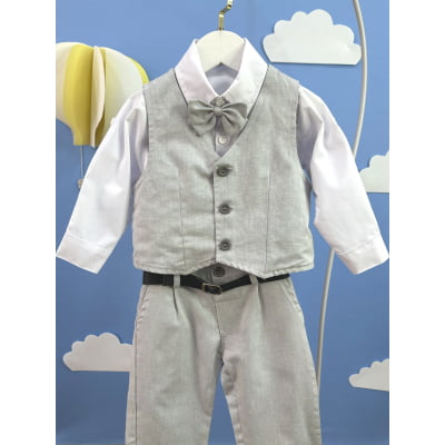 Conjunto Social Bebê Calça Colete Cinza Claro e Camisa Branca