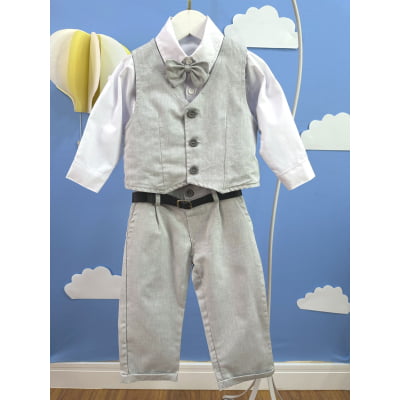 Conjunto Social Bebê Calça Colete Cinza Claro e Camisa Branca