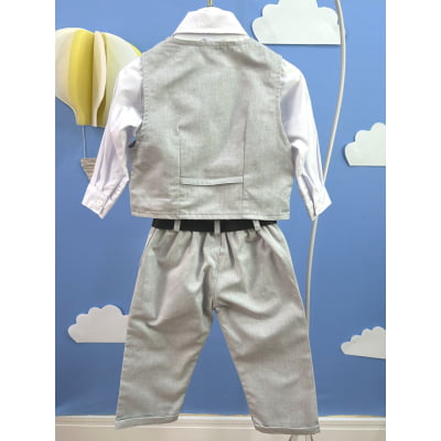 Conjunto Social Bebê Calça Colete Cinza Claro e Camisa Branca