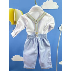 Conjunto Social Bebê Calça Susp. Azul Claro e Camisa Branca
