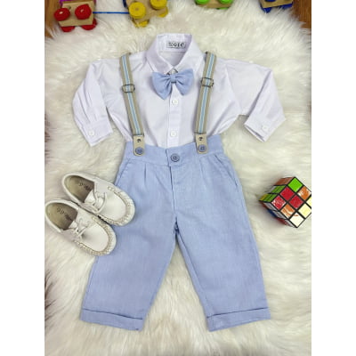 Conjunto Social Bebê Calça Susp. Azul Claro e Camisa Branca