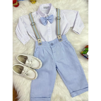 Conjunto Social Bebê Calça Susp. Azul Claro e Camisa Branca