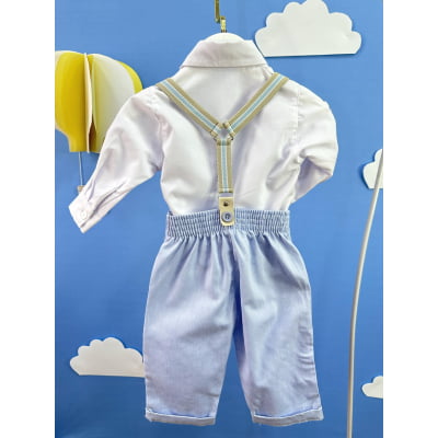 Conjunto Social Bebê Calça Susp. Azul Claro e Camisa Branca