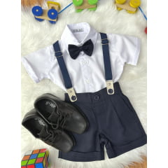 Conjunto Social Bebê Short Susp. Azul Escuro e Camisa Branca