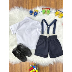 Conjunto Social Bebê Short Susp. Azul Escuro e Camisa Branca