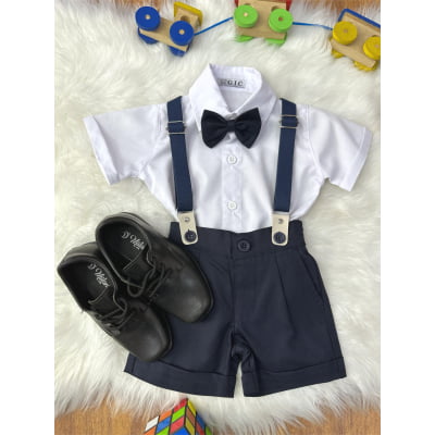 Conjunto Social Bebê Short Susp. Azul Escuro e Camisa Branca