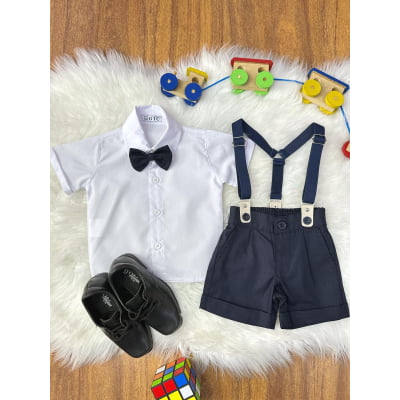 Conjunto Social Bebê Short Susp. Azul Escuro e Camisa Branca