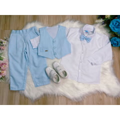 Conjunto Social C/ Colete Calça Gravata Azul Camisa Branca