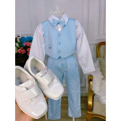 Conjunto Social C/ Colete Calça Gravata Azul Camisa Branca