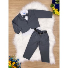 Conjunto Social Calça Camisa Blazer e Gravata Cinza e Branco