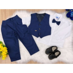 Conjunto Social Calça Camisa Colete Gravata Azul Marinho