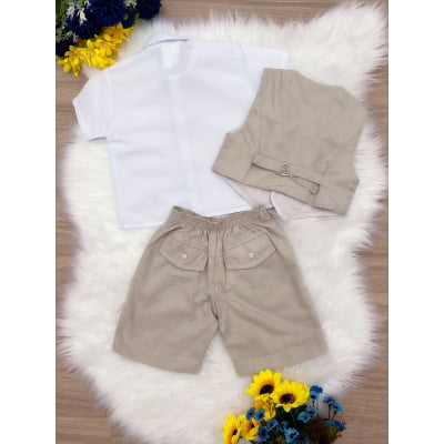 Conjunto Social Short Camisa Colete Gravata Bege