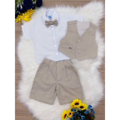Conjunto Social Short Camisa Colete Gravata Bege