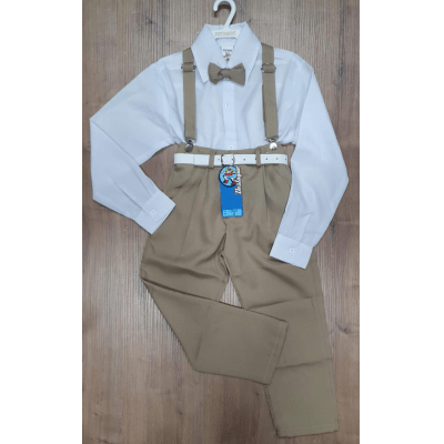 Conjunto Social Calça Camisa Gravata e Suspensório Caqui