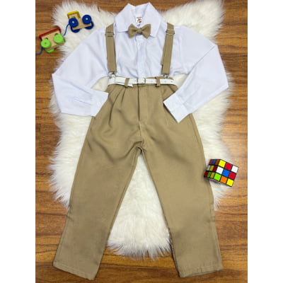 Conjunto Social Calça Camisa Gravata e Suspensório Caqui