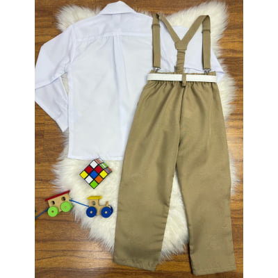 Conjunto Social Calça Camisa Gravata e Suspensório Caqui