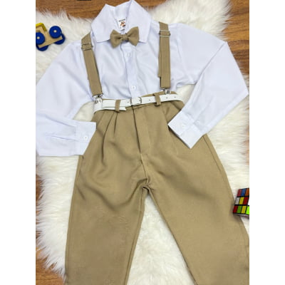 Conjunto Social Calça Camisa Gravata e Suspensório Caqui
