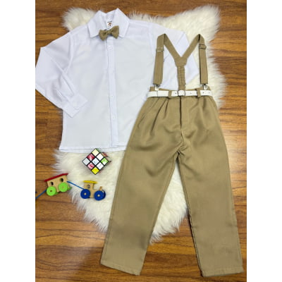 Conjunto Social Calça Camisa Gravata e Suspensório Caqui