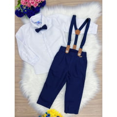 Conjunto Social Calça Camisa Gravata Susp. Azul Branco