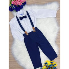 Conjunto Social Calça Camisa Gravata Susp. Azul Branco