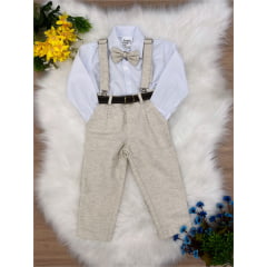 Conjunto Social Calça Camisa Gravata Susp Bege Claro