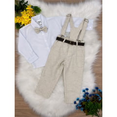 Conjunto Social Calça Camisa Gravata Susp Bege Claro