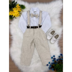 Conjunto Social Calça Camisa Gravata Susp Bege Claro