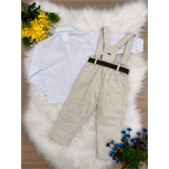 Conjunto Social Calça Camisa Gravata Susp Bege Claro