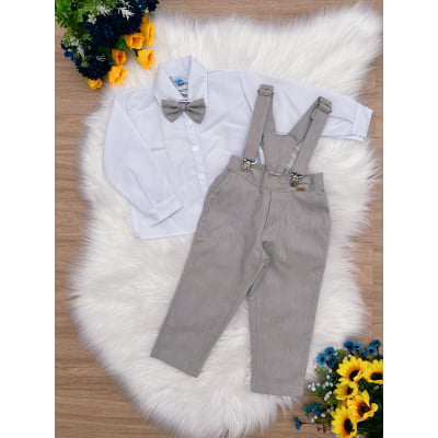 Conjunto Social Calça Camisa Gravata Susp. Cinza Claro