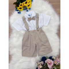 Conjunto Social Short Camisa Gravata Suspensório Bege