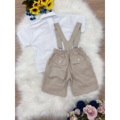 Conjunto Social Short Camisa Gravata Suspensório Bege