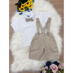 Conjunto Social Short Camisa Gravata Suspensório Bege