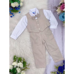 Conjunto Social Calça Colete Gravata Bege Camisa Branca