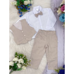 Conjunto Social Calça Colete Gravata Bege Camisa Branca