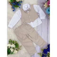 Conjunto Social Calça Colete Gravata Bege Camisa Branca