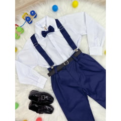 Conjunto Social Calça Gravata e Susp. Azul Mar. Camisa Branca