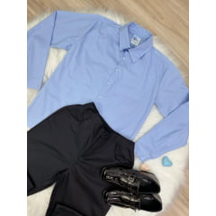 Conjunto Social Camisa Azul e Calça Preto em Algodão