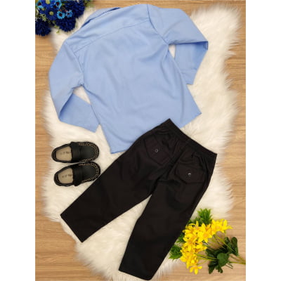Conjunto Social Camisa Azul e Calça Sarja Preto
