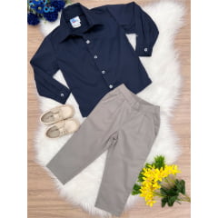 Conjunto Social Camisa Azul Marinho e Calça Sarja Caqui